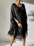 Туніка пончо пляжна чорна міді великого розміру з мереживом та бахромою, фото 3