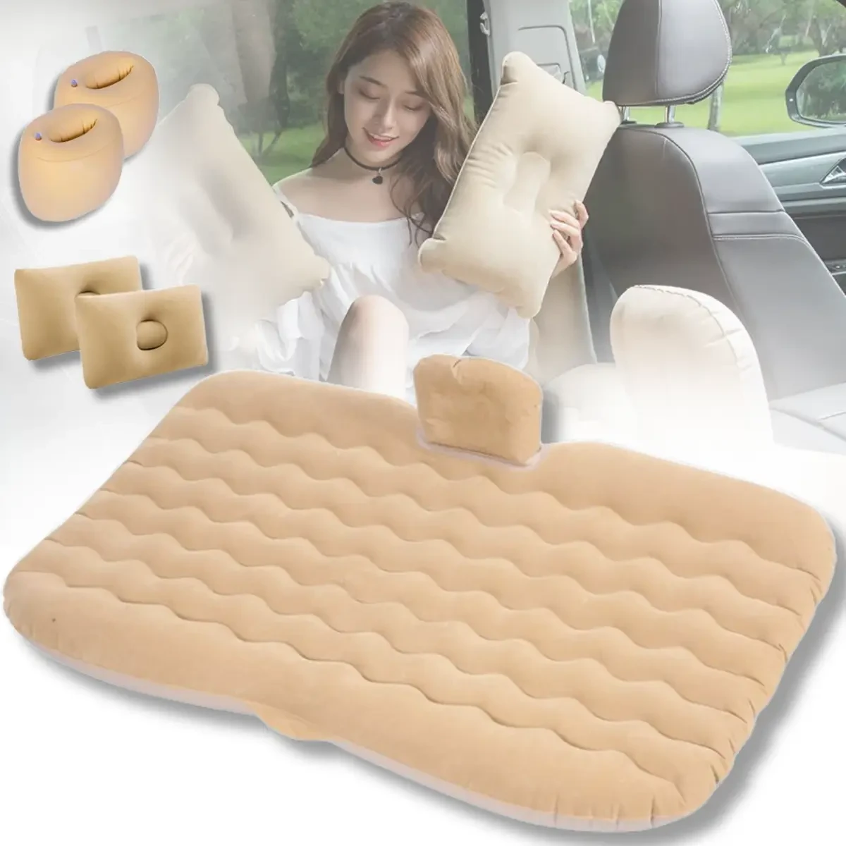 Автомобільний надувний матрац 132x80x15 см Car Travel Bed бежевого кольору для заднього сидіння
