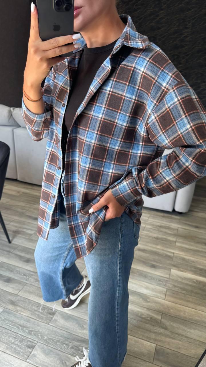 Сорочка ФЛАНЕЛЬ КЛІТИНКА жіноча ДЖИНСОВО-ШОКОЛАДНИЙ HARISMA 111, фото 1