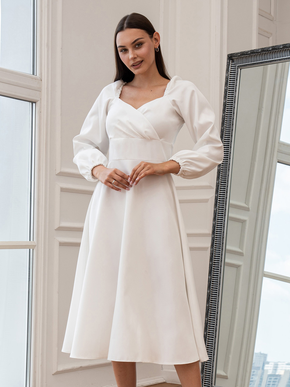 Класичне жіноче плаття-міді Polina з довгим рукавом на свята та важливі події, молочно-біле, фото 1