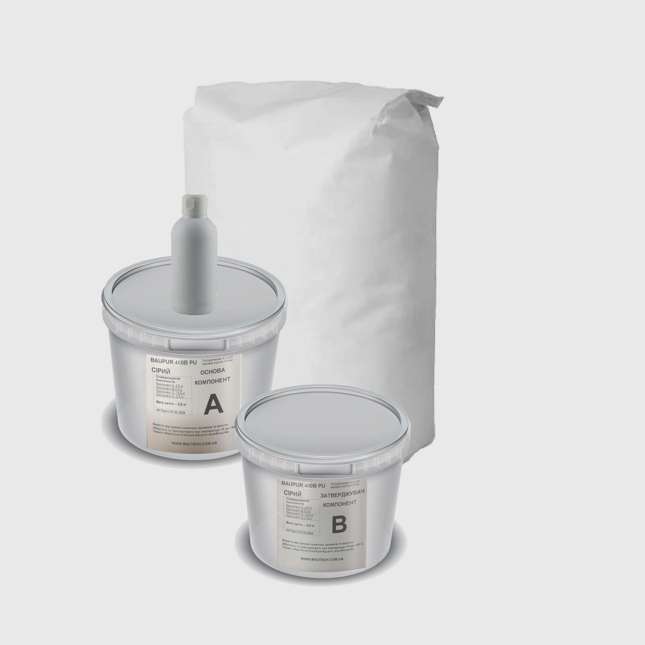 Кольорове поліуретан-цементне самовирівнююче покриття Baupur 400B PU Плінтус. Сірий. 42 кг, фото 1