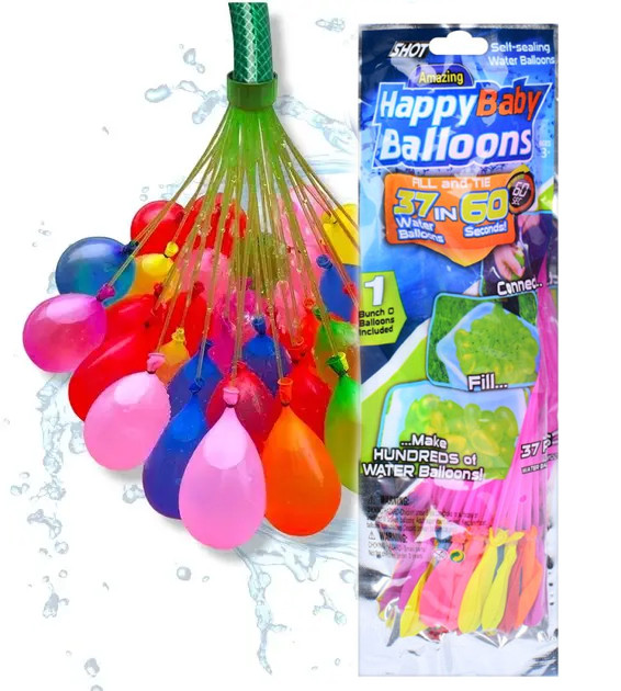 Водяні різнокольорові бомбочки-кульки Щасливі повітряні кульки Happy Baby Balloons 37 шт, фото 1
