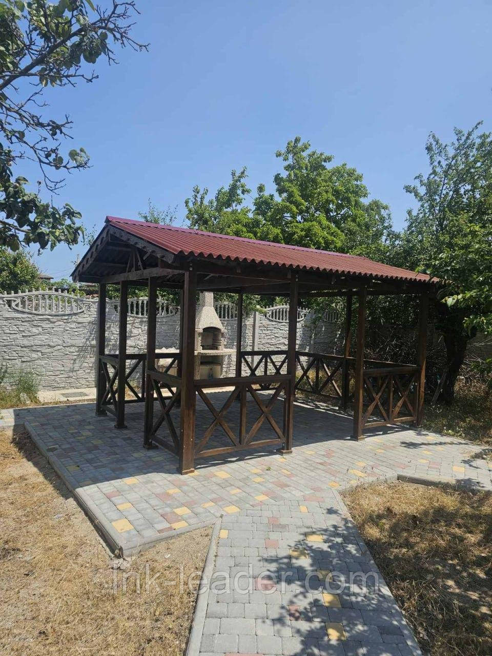 Дерев'яна альтанка 3×4 м з трьома входами, розбірна (на 14-16 осіб), фото 1