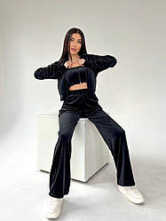 Жіночий велюровий костюм трійка м'який спортивний велюр спорт кофта на блискавці палаццо топ