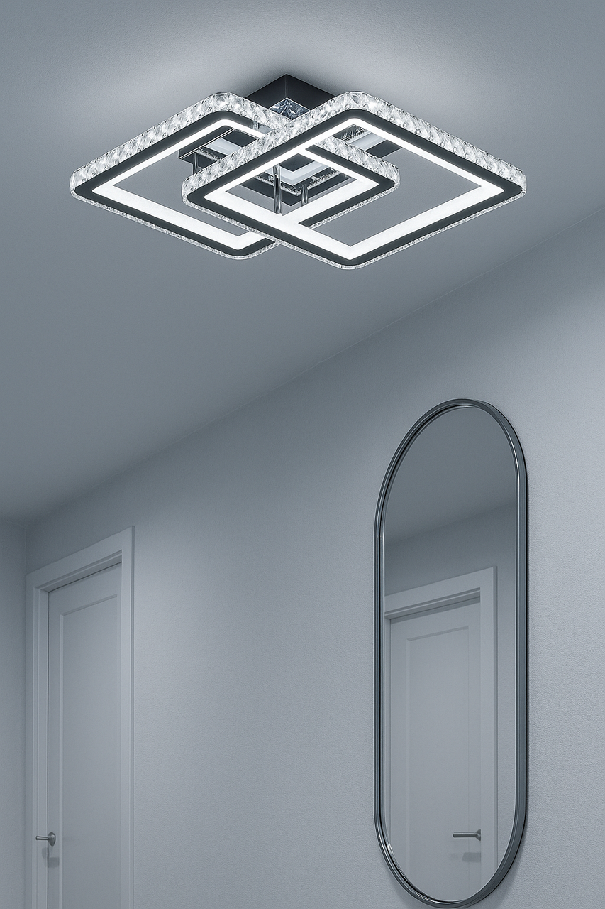 Світлодіодна люстра з 2 кришталевих квадратів з пультом керування, регулятором потужності, фото 1