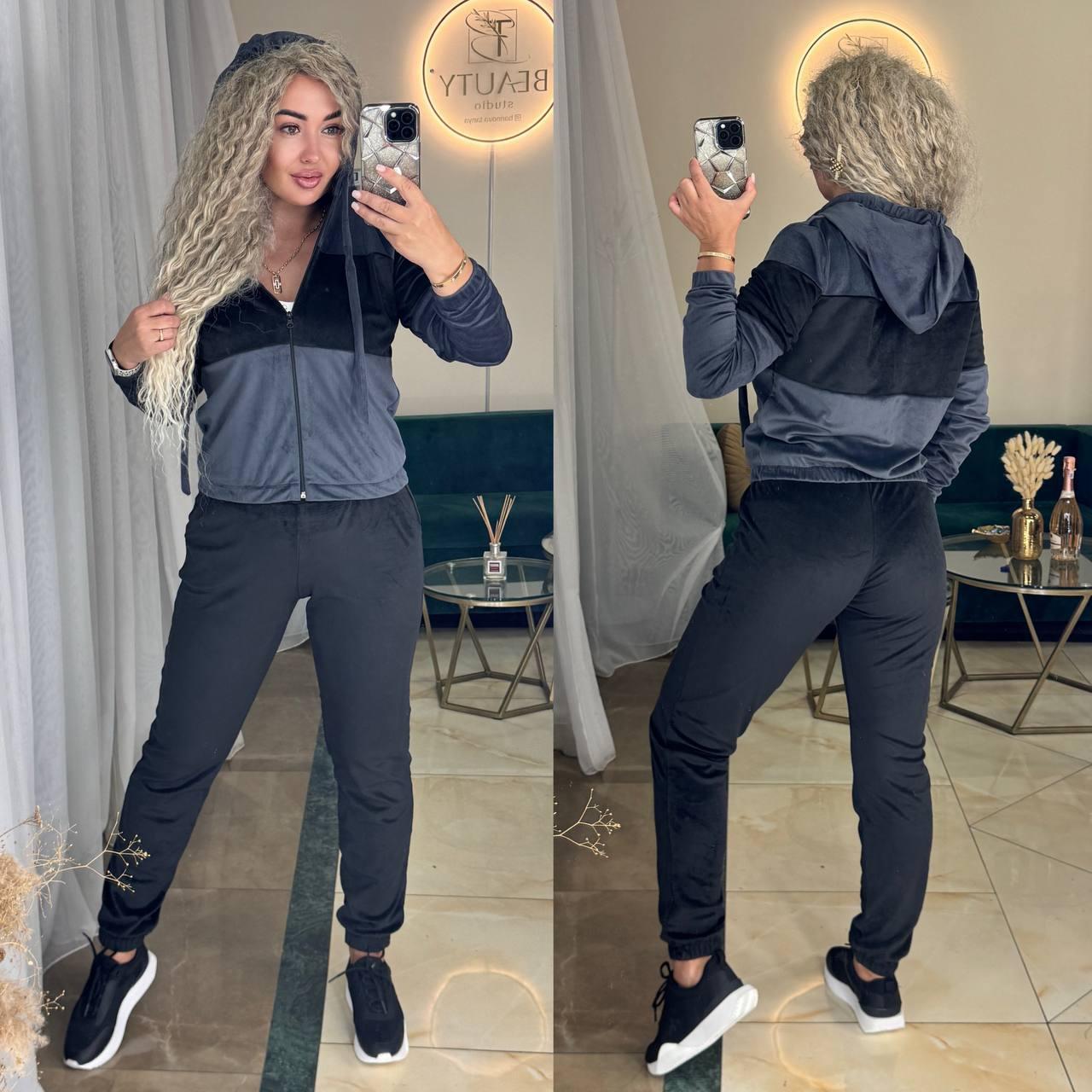 Жіночий велюровий осінній костюм двійка м'який велюр спорт кофта на блискавці штани джоггери, фото 1