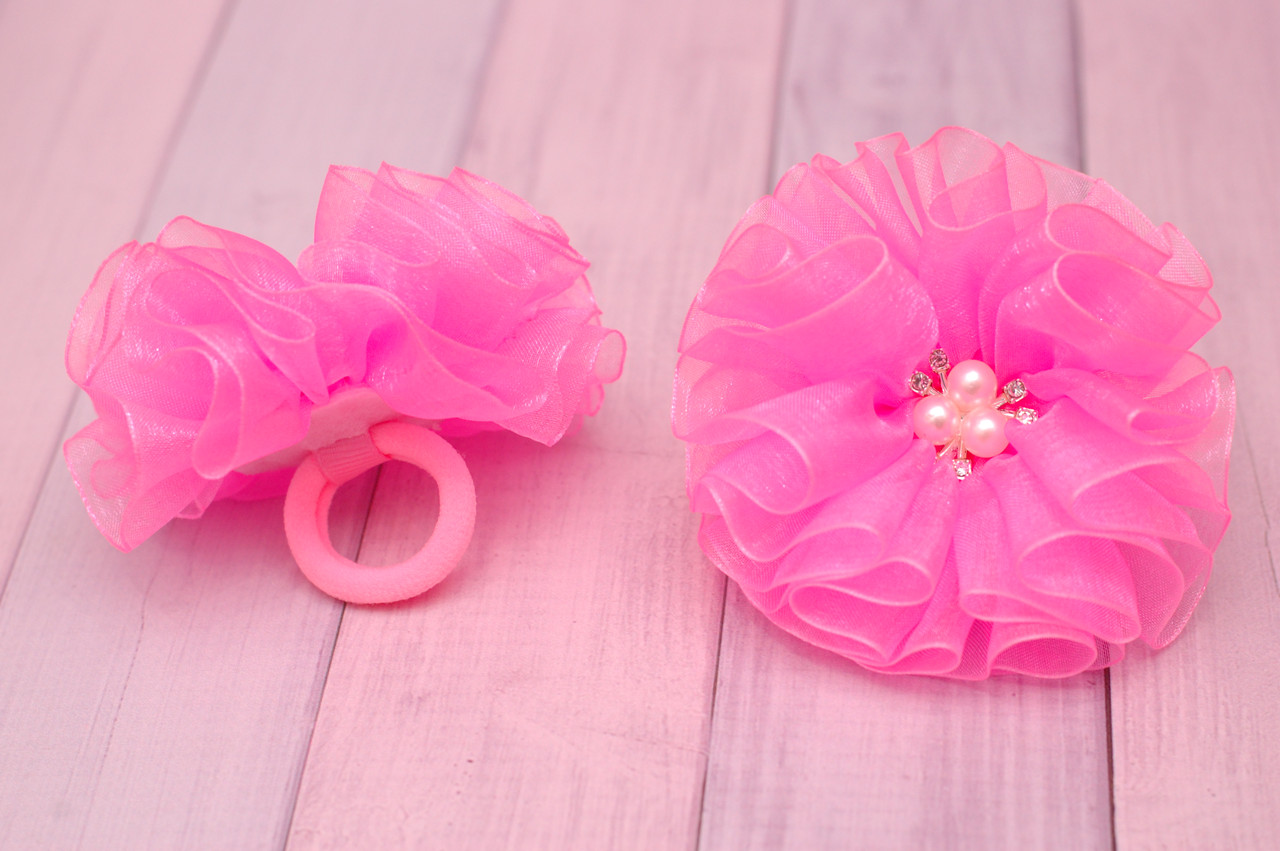 Банти на гумці для волосся яскраво рожевий з перлами та стразами 2 штуки 880 об, фото 1