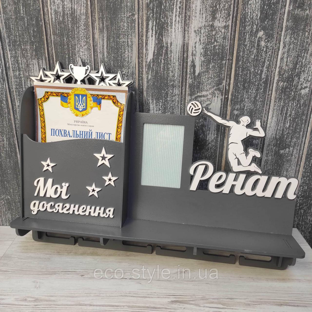 Полиця для кубків і грамот з волейболу. Медальниця волейбол. Холдер для медалей. Полиця для кубків на замовлення, фото 1