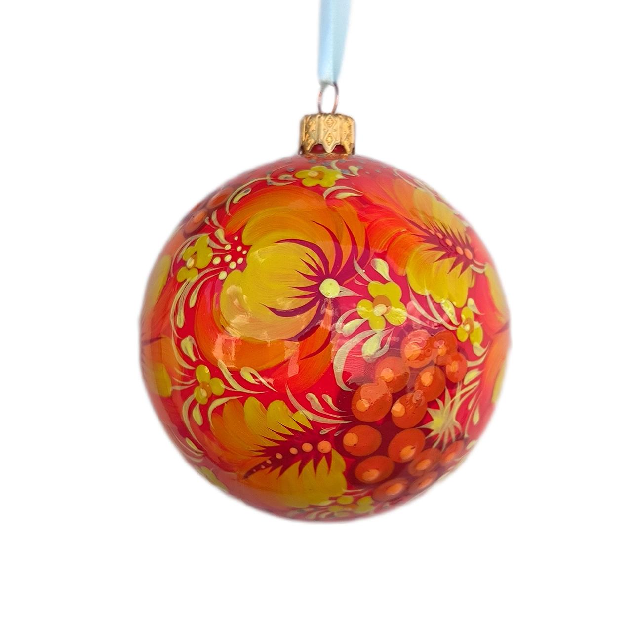 Ялинкова куля 8 см. "Червона" з петриківським розписом, подарункова коробка в комплекті