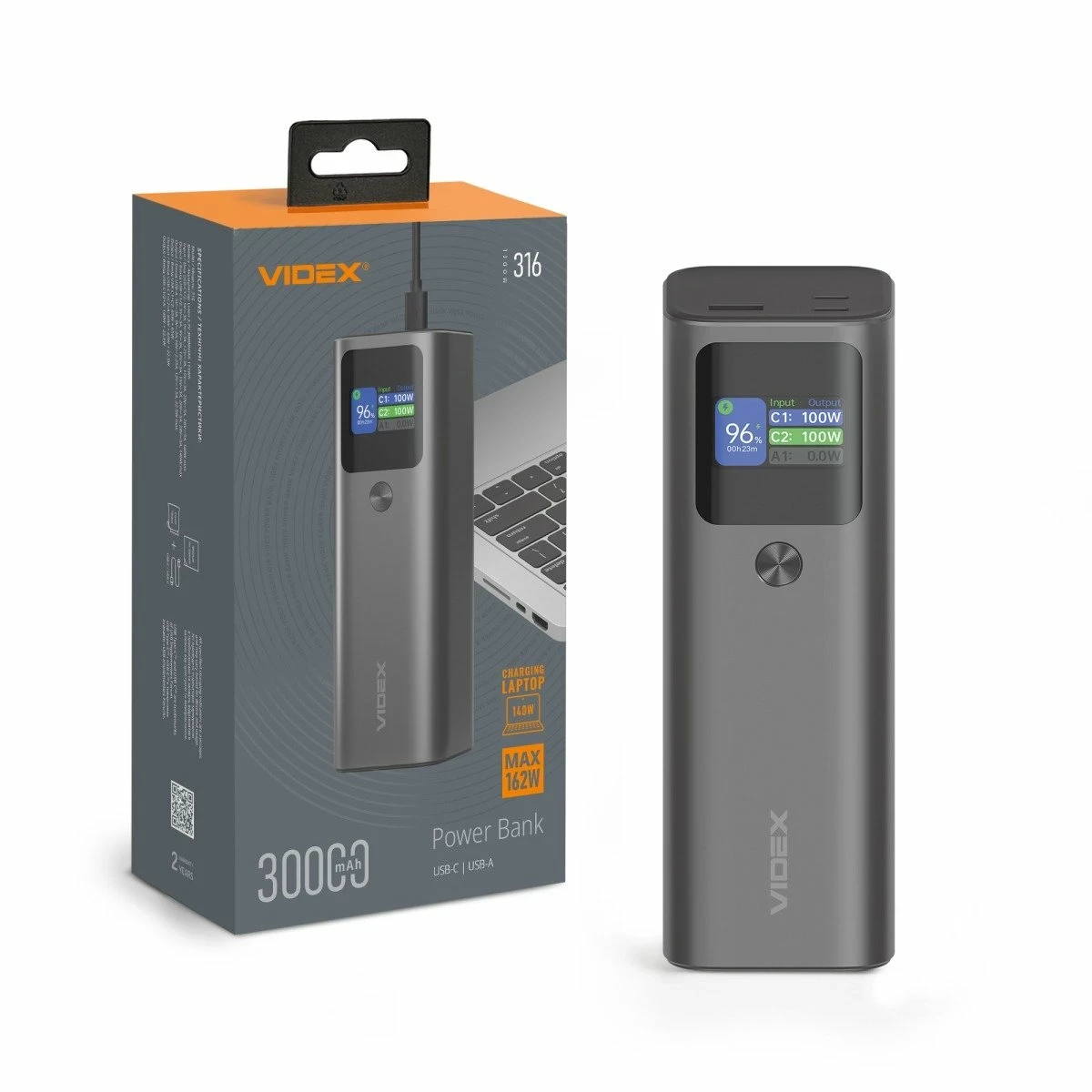 Портативний зарядний пристрій (повербанк) Videx 30000mAh 162W +Display VPB-316-G