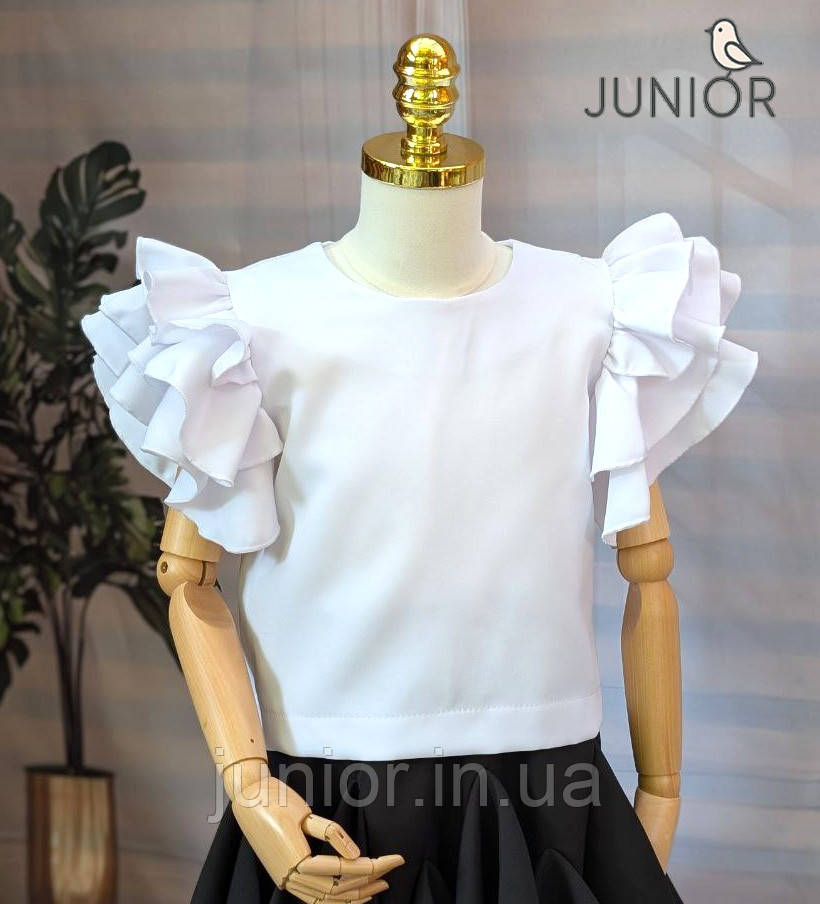 Шкільна блуза з коротким рукавом для дівчинки Біла 116-128 р. Стильна шкільна блуза з крильцями, фото 1