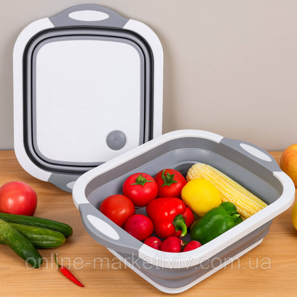 Складна дошка для обробки, з мискою 3 в 1 Chopping Board, Біло-сіра / Дошка кухонна з клапаном для зливу, фото 1