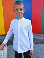 Школьная классическая белая рубашка 116 - 164см воротник стойка на мальчика с длинным рукавом для подростков в школу