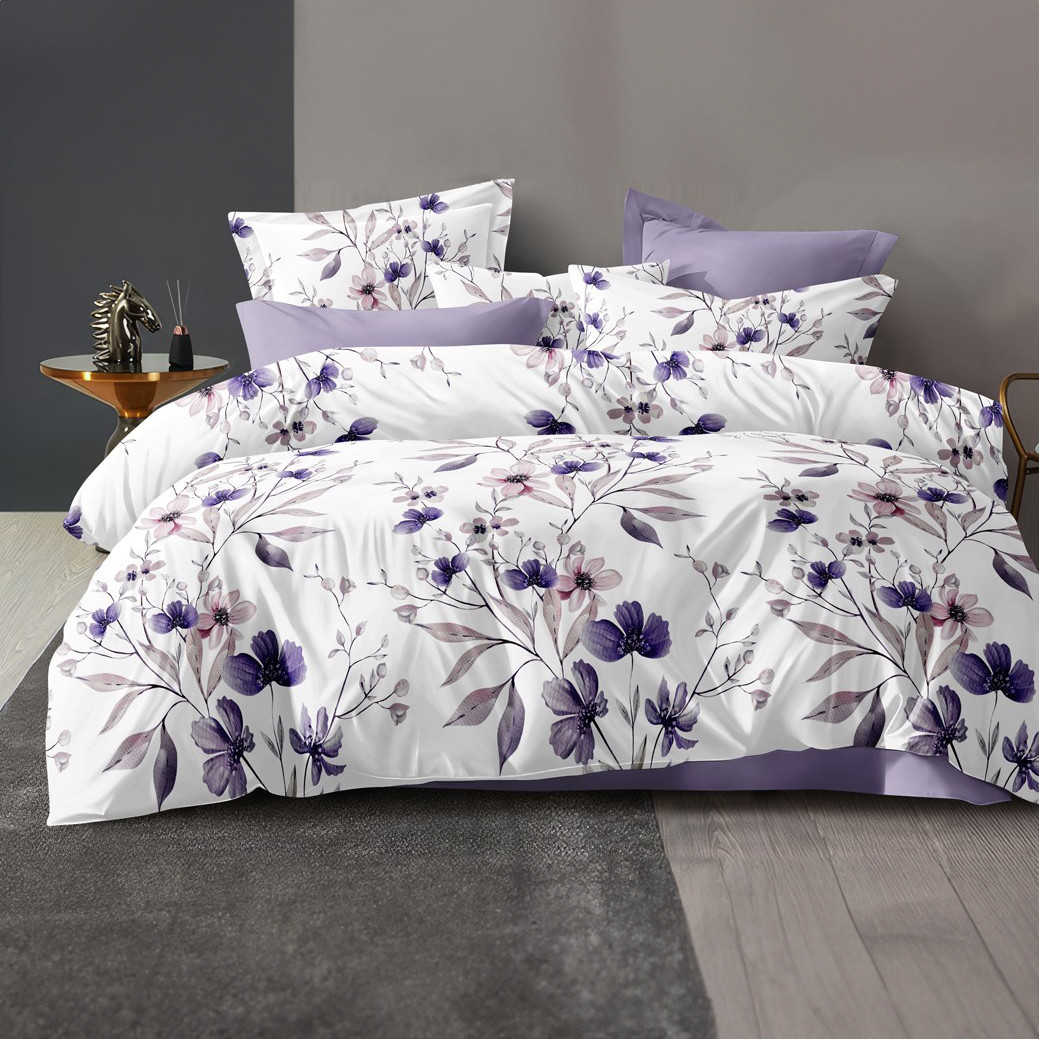 Наволочка на блискавці 70х70 (Бязь) | Від виробника "Королева Ночі" | Квіти на білому та фіолетовому, фото 1