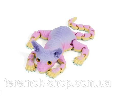 Іграшка антистрес Кіт сфінкс різнокольоровий рожево-бірюзовий тактильний рухомий 3D 21 см у коробці, фото 1