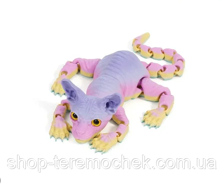 Рухома іграшка антистрес Кіт сфінкс різнокольоровий ніжний рожево-бірюзово-бузковий 3D-друк фігурка 21 см, фото 1