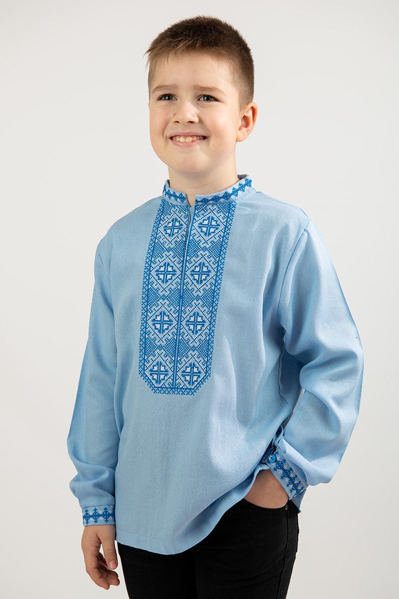 Блакитна вишиванка для хлопчика з синьою геометричною вишивкою комірець стійка розміри 104-164