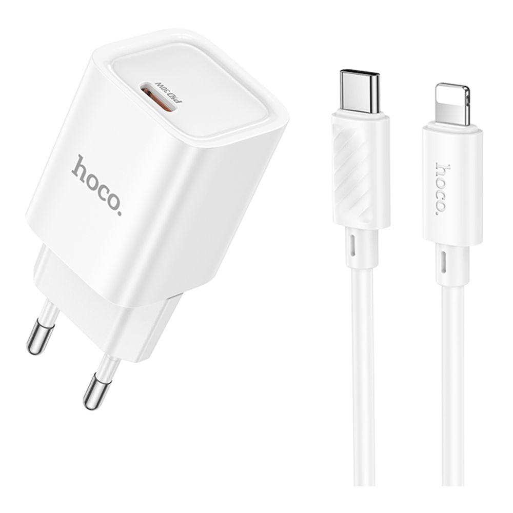 Мережевий зарядний пристрій Hoco C148A 1USB-C PD/QC 30W + Type-C to Lightning (білий) (C148A), фото 1
