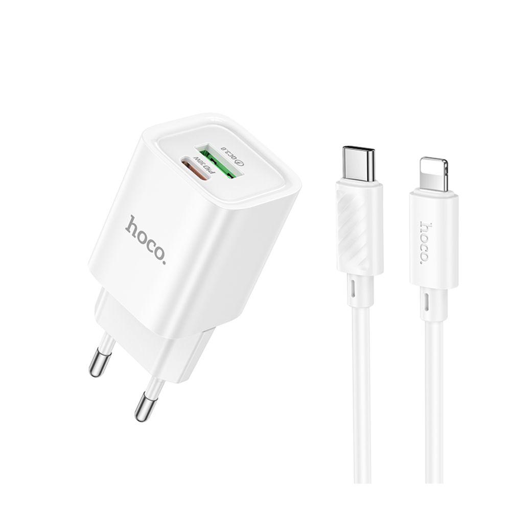 Мережевий зарядний пристрій Hoco C149A 1USB/1USB-C PD/QC 30W + Type-C to Lightning (білий) (C149A), фото 1