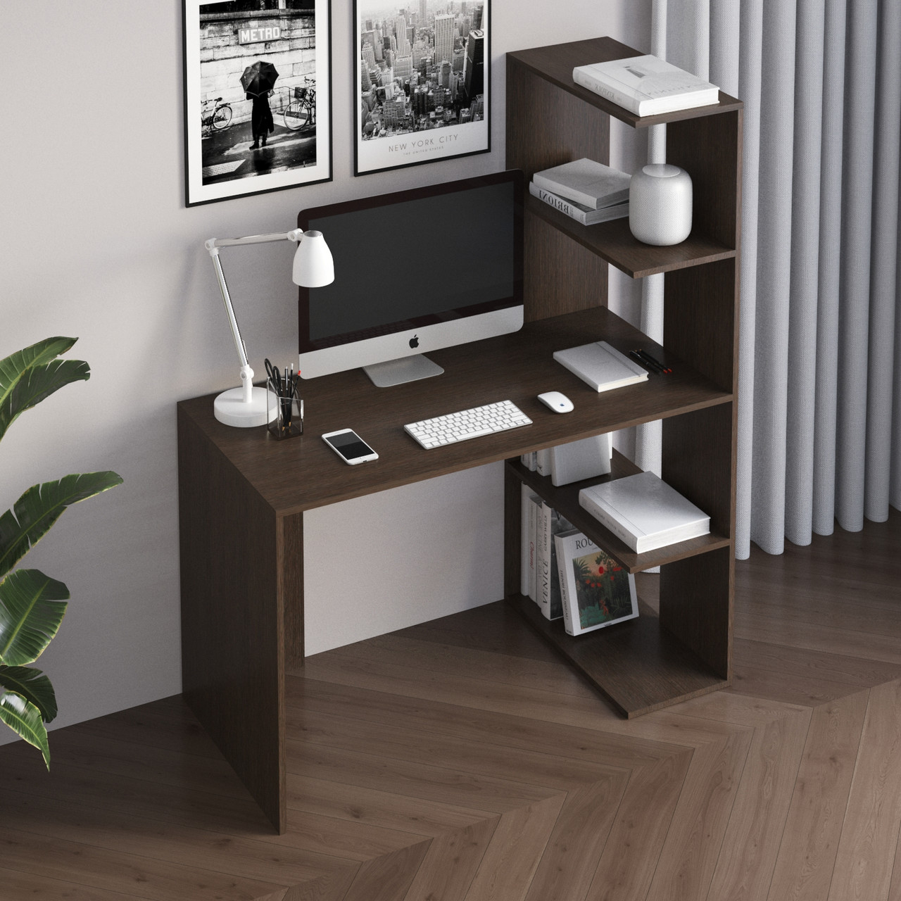 Письмовий стіл з відкритими полицями праворуч колір венге темний h148*120*60 см, фото 1
