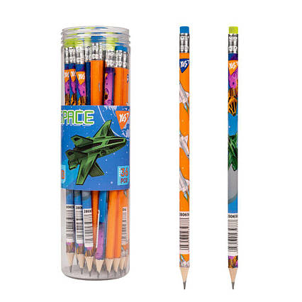 Олівець Yes ч/г круглий, з гумкою, в пласт. тубусі, 36 шт., “Космос”, 2 дизайни, мікс (280656)