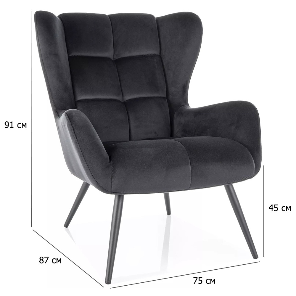 Стильне крісло у вітальню Louis чорний велюр із металевими ніжками у сучасному стилі, фото 1