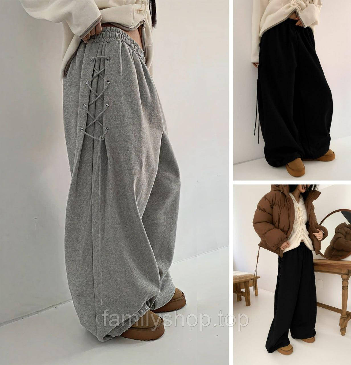 Жіночі модні вільні штани оверсайз зі стрілками знизу на затяжках, сірі, чорні, розмір 42/48, фото 1