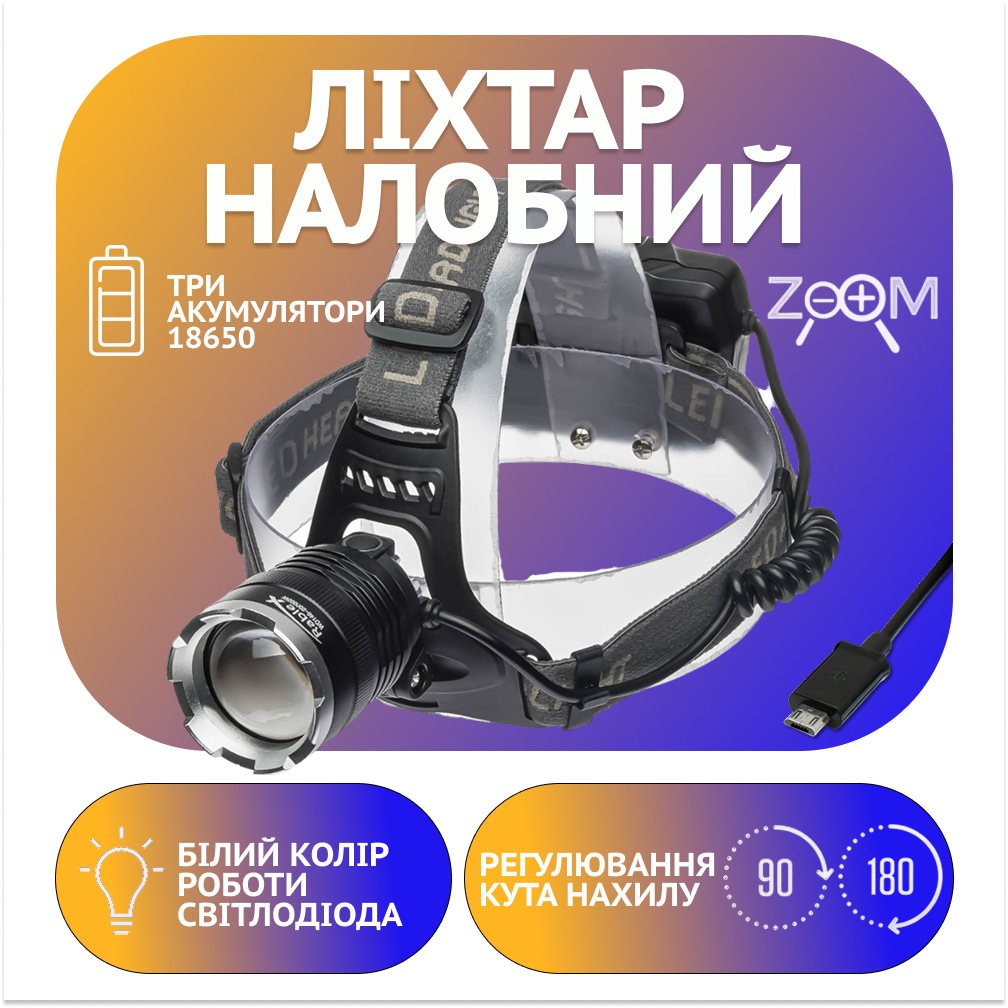 Налобний ліхтар PL146 3х18650, ЗУ microUSB, P50 LED, Zoom, фото 1