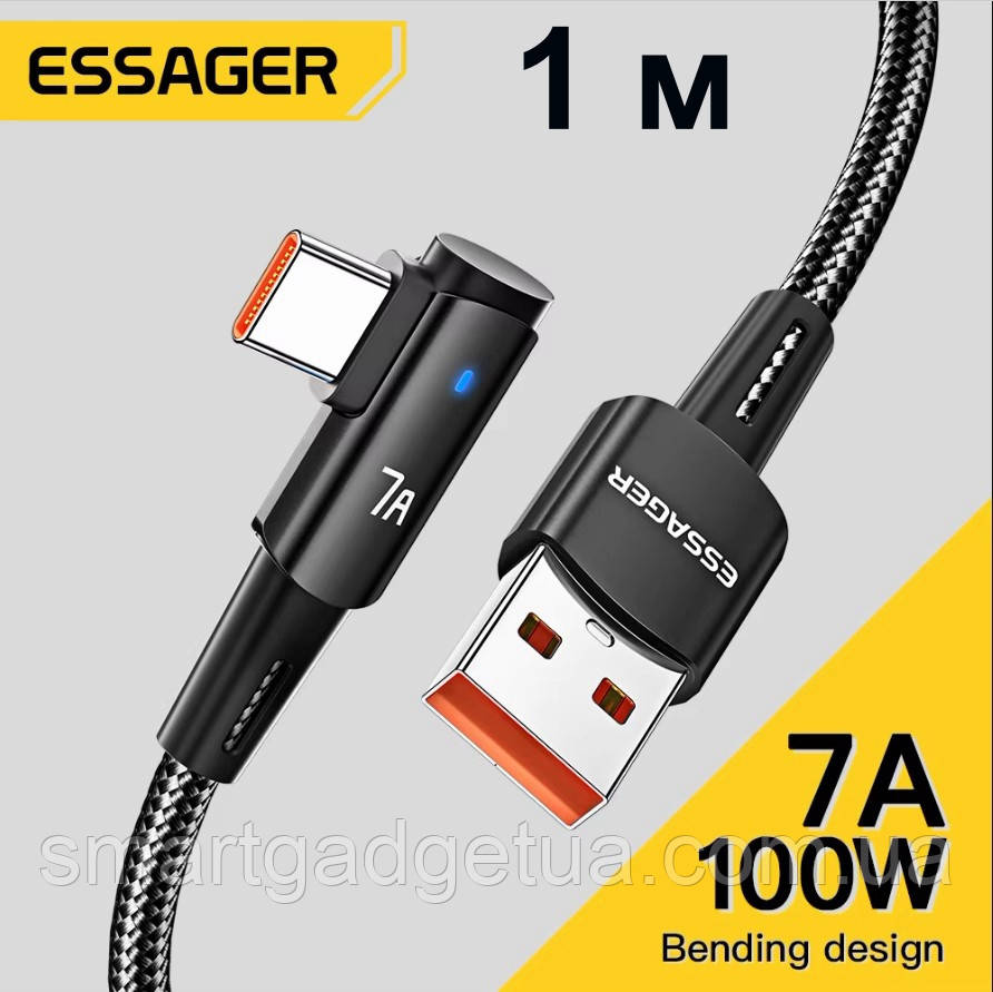 Кутовий Кабель для заряджання та передачі даних Essager 7A, 90° Degree Black, 100W, USB Type-A to USB Type-C, 1 м, фото 1