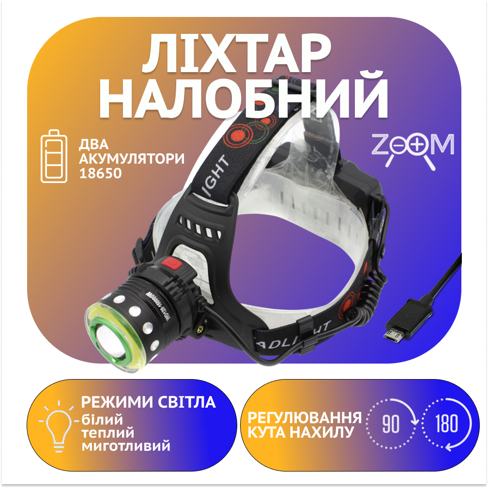 Налобний ліхтар PL120, RB120, ЗУ microUSB, T6+Cob, Zoom, фото 1