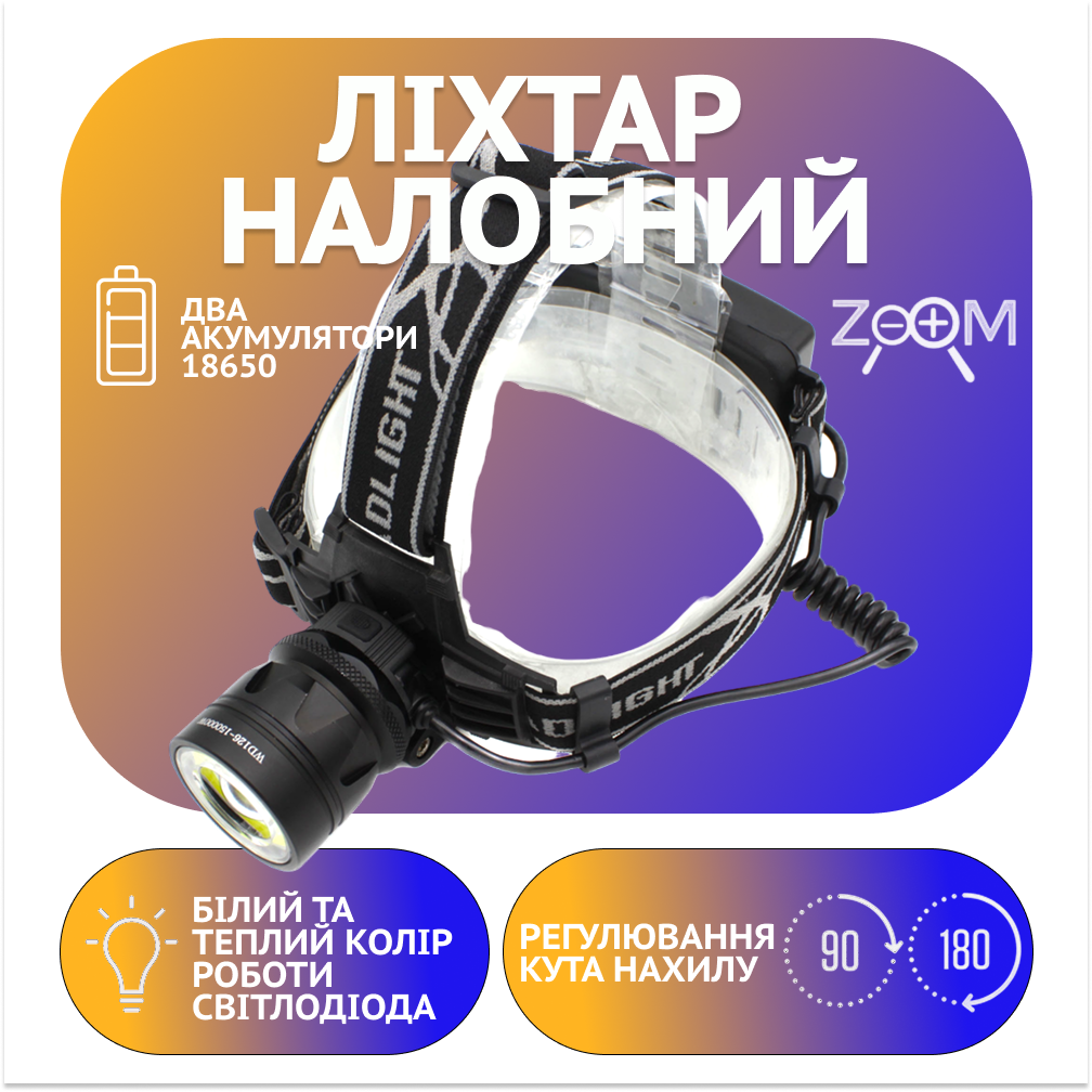 Налобний фонар PL126, Акк., T6 LED, Zoom, автомобільна зарядка, фото 1