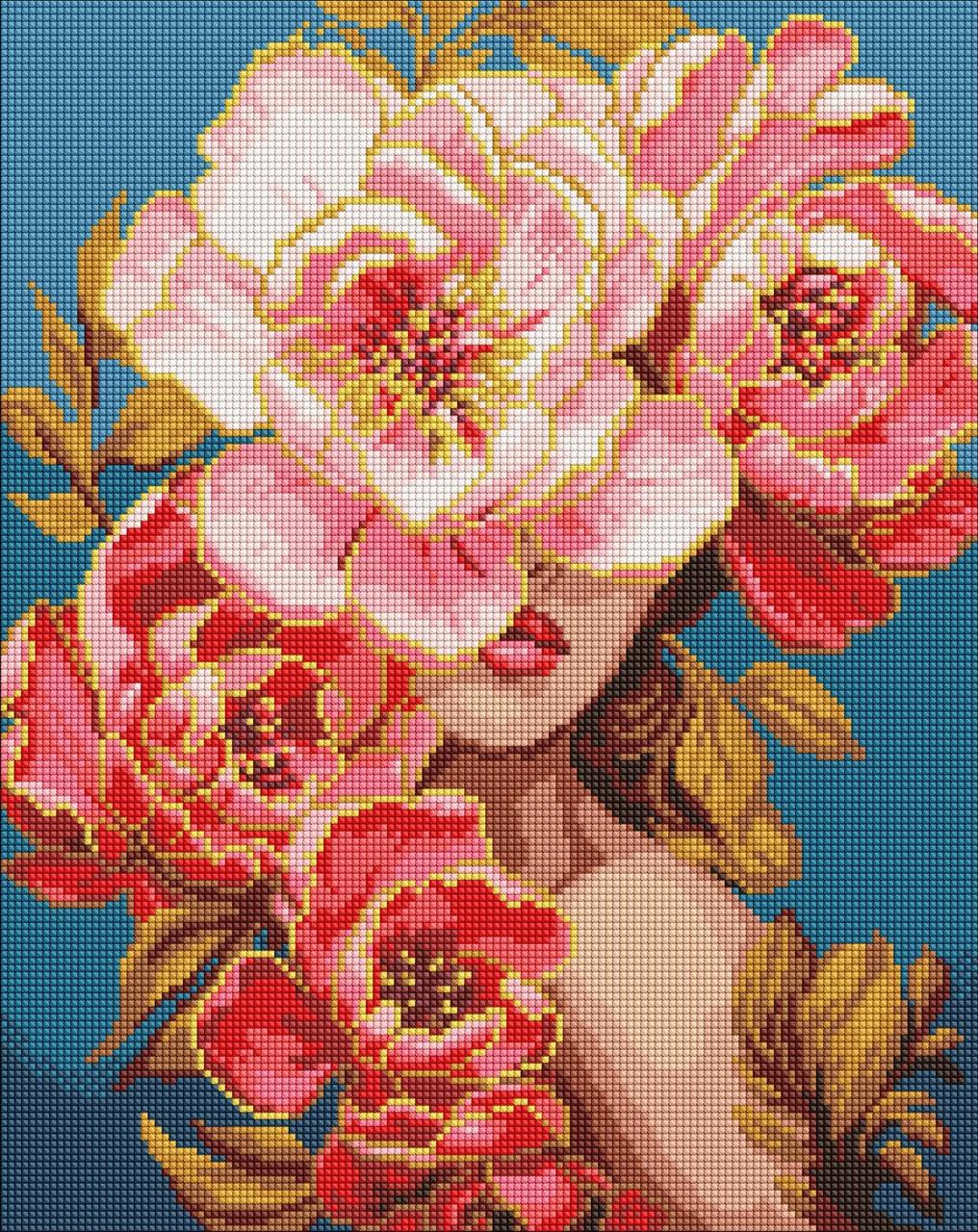 Алмазна мозаїка/вишивка Дівчина з квітами з голограмними стразами 40*50 см Ідейка AMO 8004, фото 1