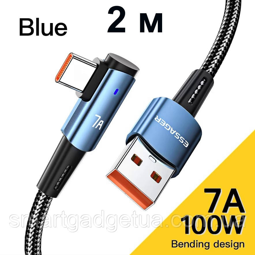 Кутовий Кабель для заряджання та передачі даних Essager 7A, 90° Degree Blue, 100W, USB Type-A to USB Type-C, 2 м, фото 1