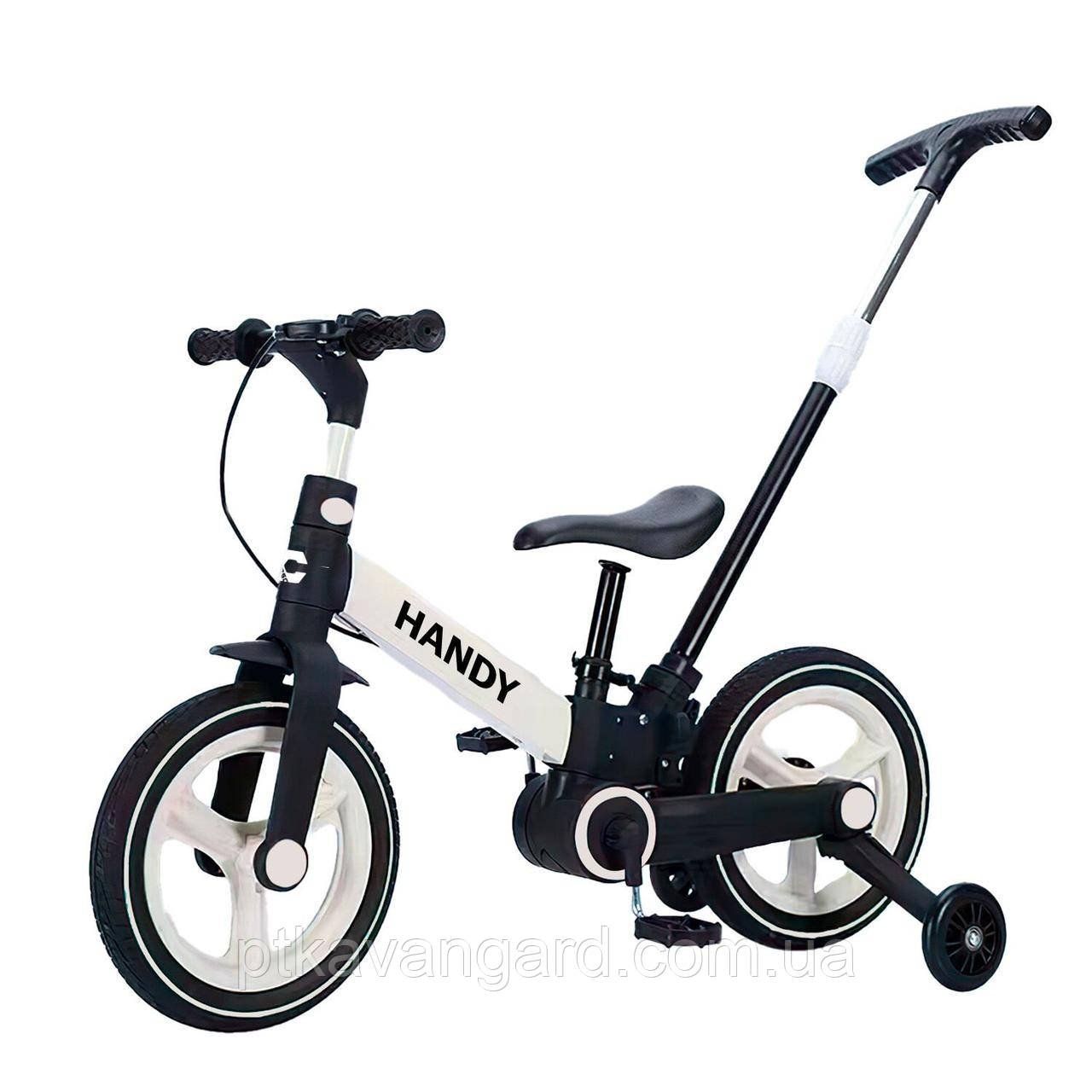 Велосипед трансформер біговел з батьківською ручкою Corso (колеса PU 12 дюймів, ручне гальмо) чорно-білий, фото 1