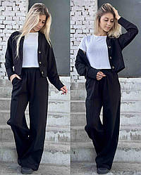 Підлітковий чорний костюм-трійка для дівчинки: штани палаццо, бомбер, топік, розміри на рости 140 - 160