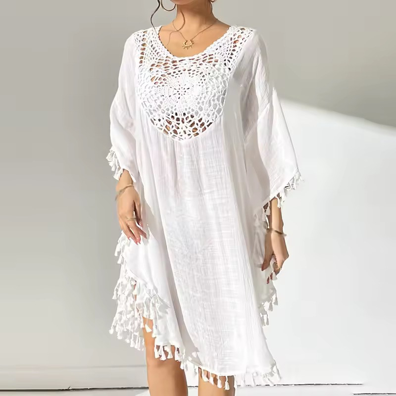 Туніка пончо пляжна біла батал до колін з бахромою, фото 1