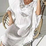Туніка пончо пляжна біла батал до колін з бахромою, фото 3