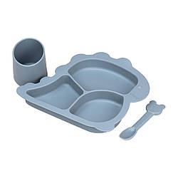 Набір силіконового посуду для дітей Динозавр 3 предмети, темно-синій