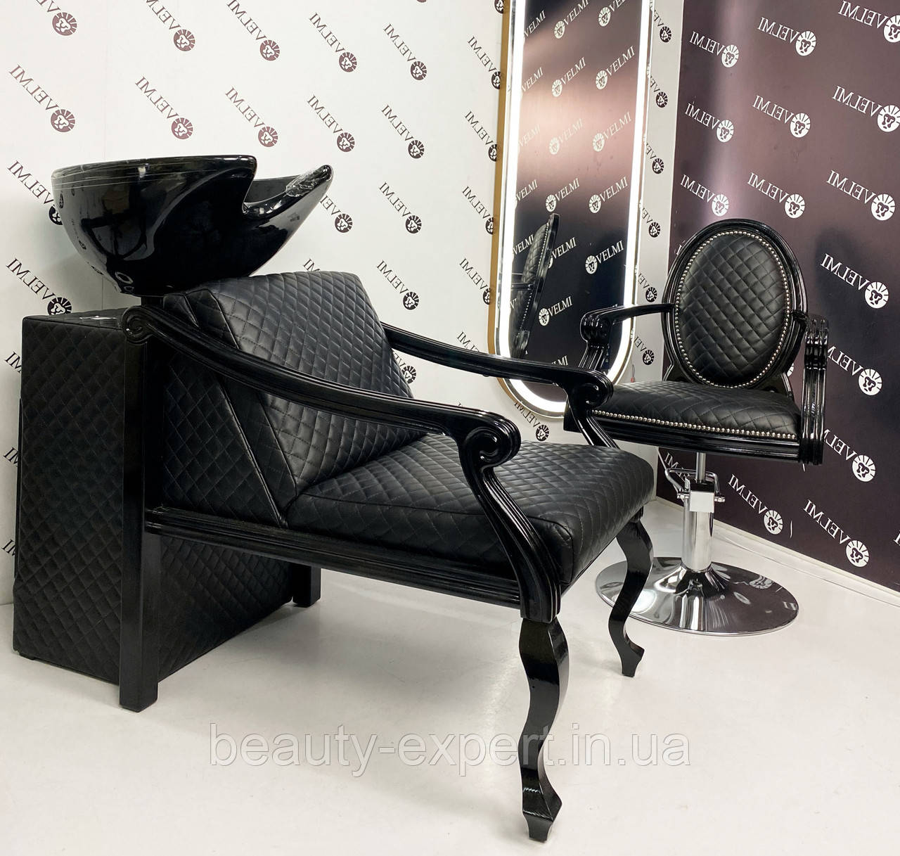 Меблевий набір Mozart Black для перукаря: крісло з гідравлікою на диску + перукарська мийка, фото 1