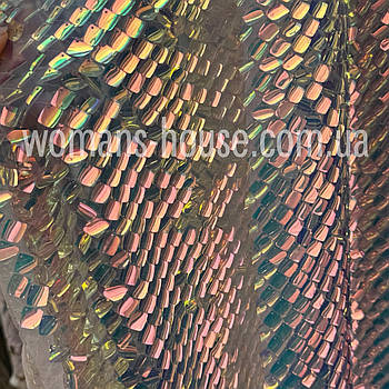 Паєткова тканина на сітці бежева галограмна луска Прозора