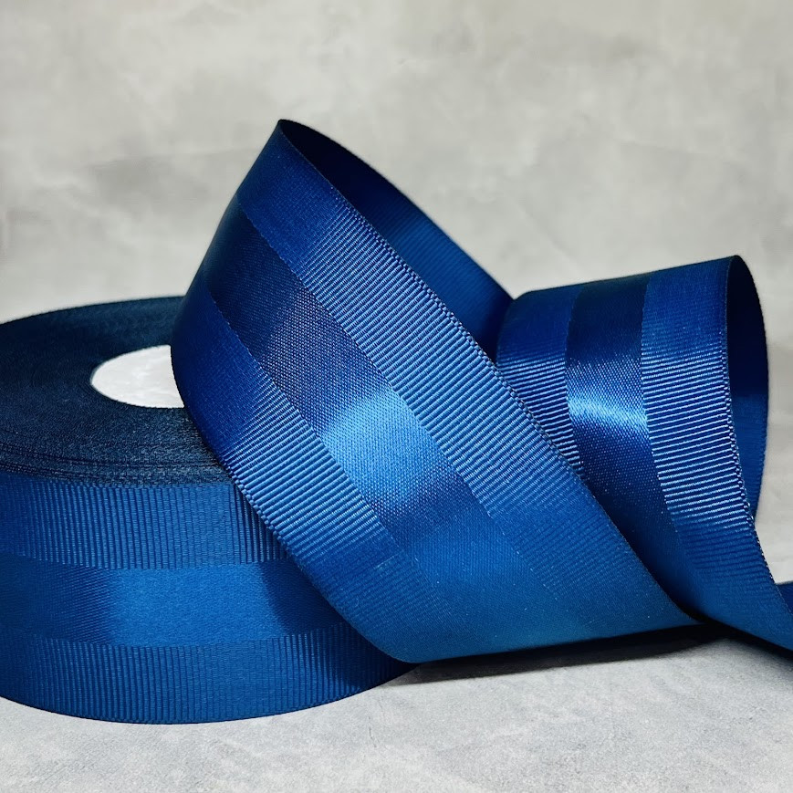 Репсова стрічка з атласною смугою 4 см, арт 018761, колір- темно-синій, 1 метр, Темно-синій, фото 1