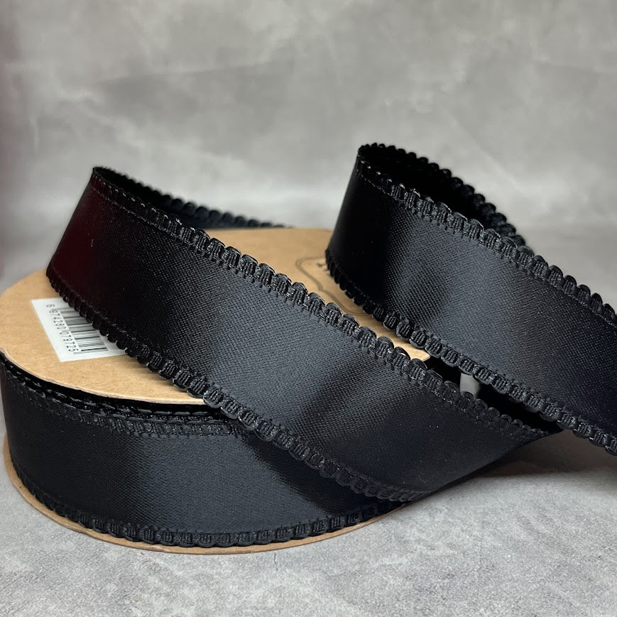 Атласна стрічка 2,5 см (двостороння) "Петелька", арт 018777, чорний, відрізок 1 ярд (91 см), Чорний, фото 1