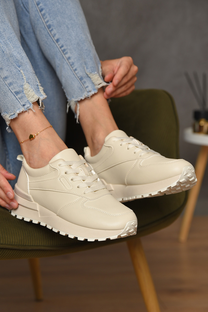 Кросівки жіночі бежевого кольору на шнурівці 176882T Безкоштовна доставка, фото 1