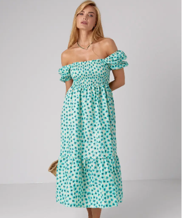 Літня жіноча сукня міді в квіти з рукавами ліхтариками бірюза довга сукня з розрізом на нозі розмір Л, фото 1