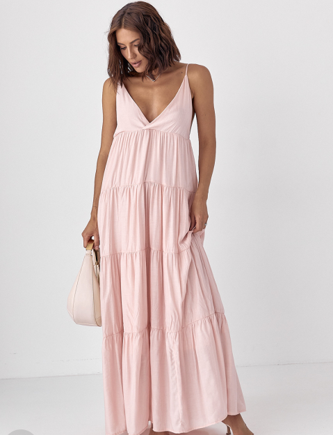 Літній вільний жіночий сарафан на тонких бретелях в смужку рожевий довгий сарафан розмір М\Л, фото 1