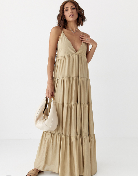 Літній вільний жіночий сарафан на тонких бретелях в смужку хакі довгий сарафан розмір XS/S, фото 1