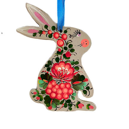 Фанерна підвіска "Зайчик" 7,5*11 см., з петриківським розписом, іграшка на ялинку ручної роботи, фото 1