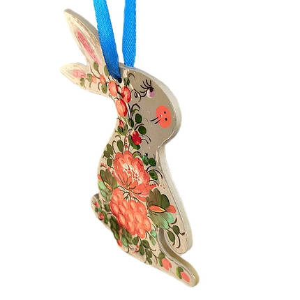 Фанерна підвіска "Зайчик" 7,5*11 см., з петриківським розписом, іграшка на ялинку ручної роботи, фото 2