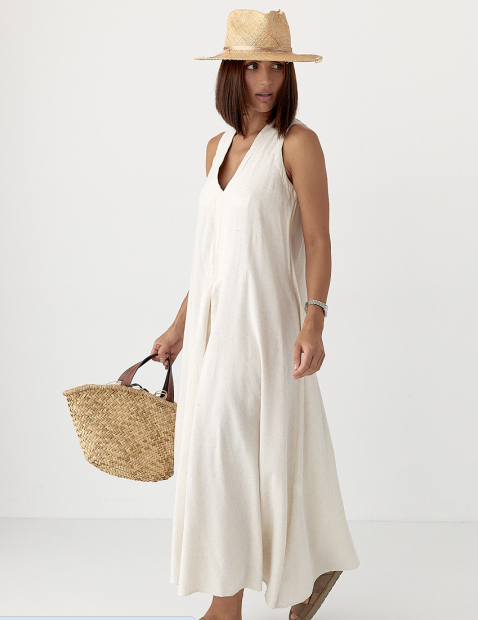 Вільна літня жіноча сукня міді з V- образним вирізом бежева розмір S, фото 1