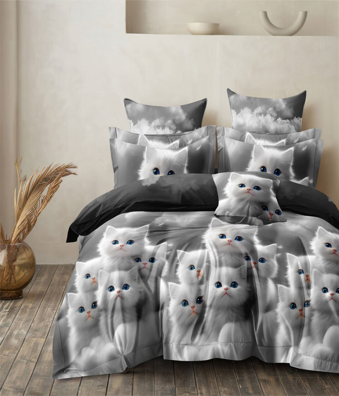 Постільна білизна Королева Ночі (Сатин) | Полуторний комплект | 50х70 | Коти на сірому, фото 1